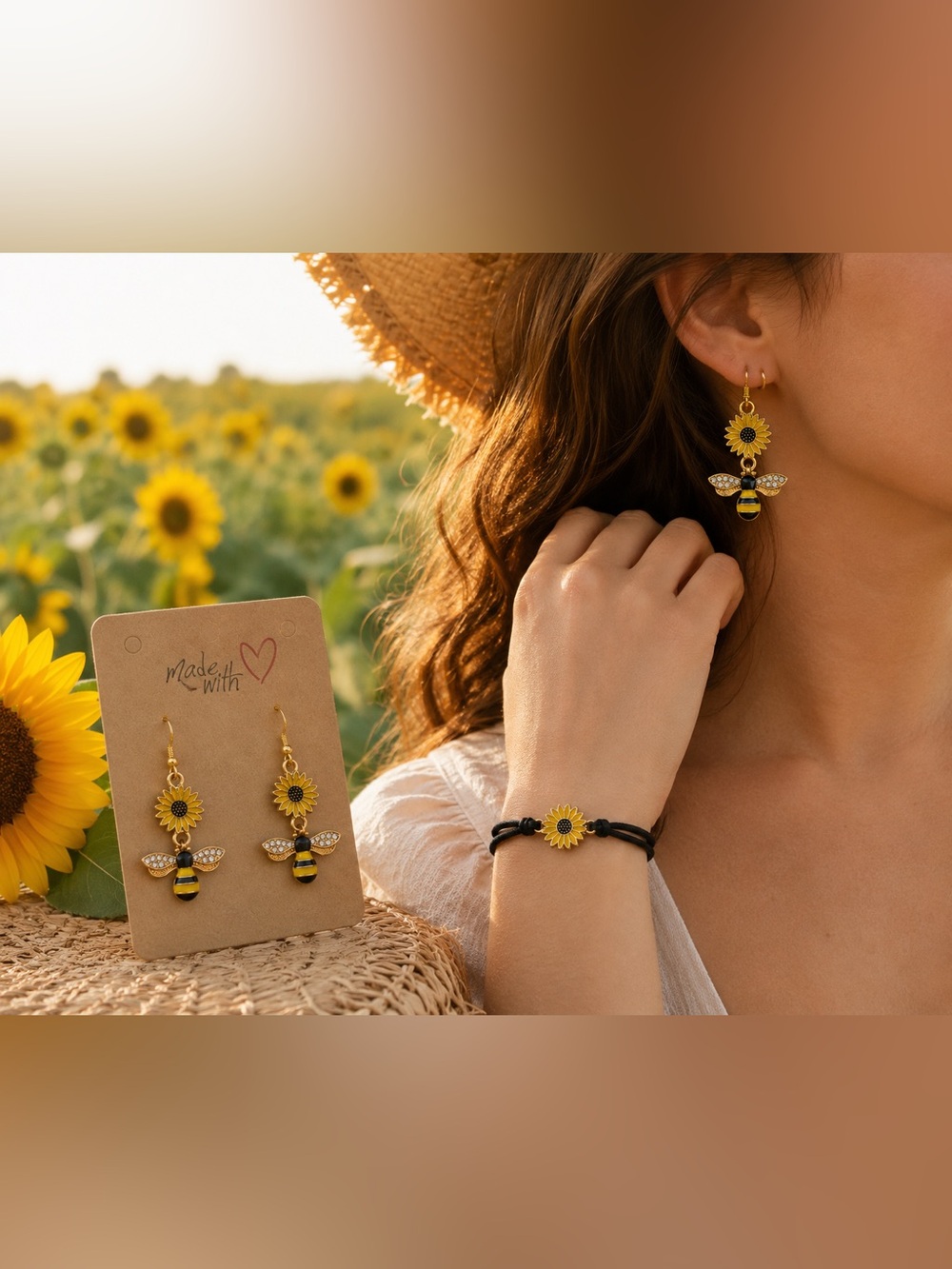 Sunflower & Bee Charm Bracelet and Earrings Set